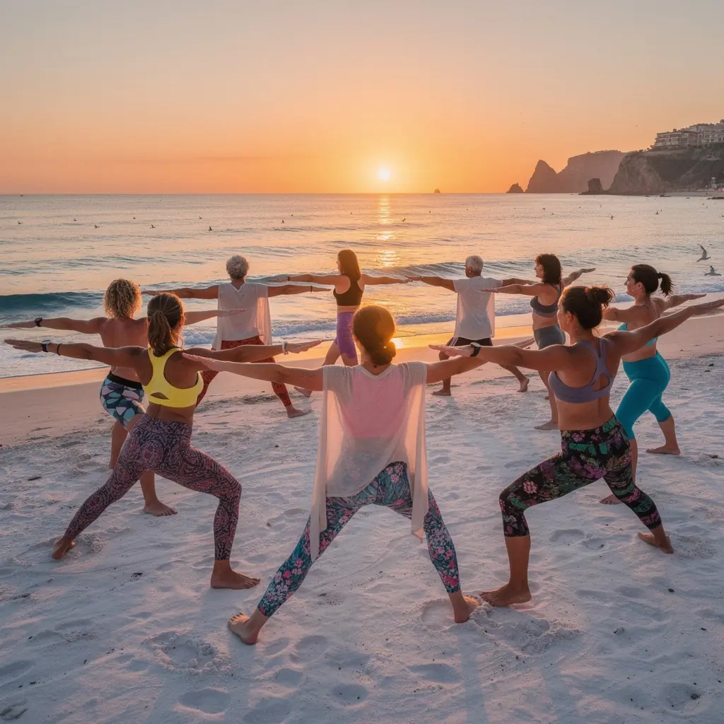 Instructor guiando una clase de yoga con movimientos fluidos y música suave de fondo.