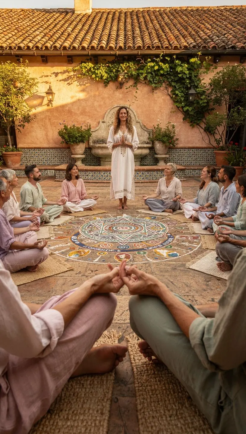 Grupo de practicantes de yoga en círculo, meditando con velas encendidas en el centro.
