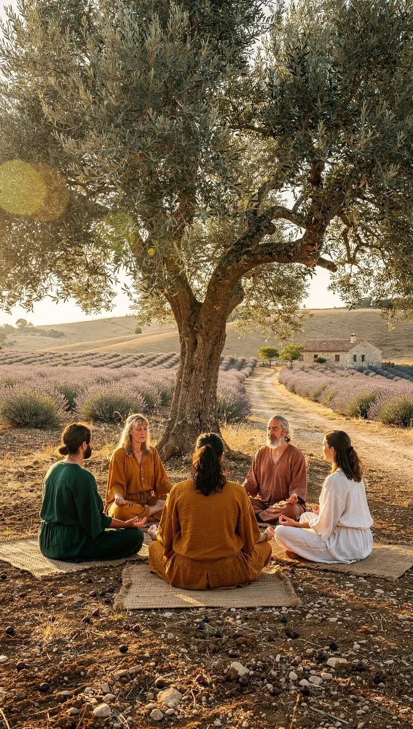 Una persona realizando una postura de yoga al amanecer en un entorno natural sereno.
