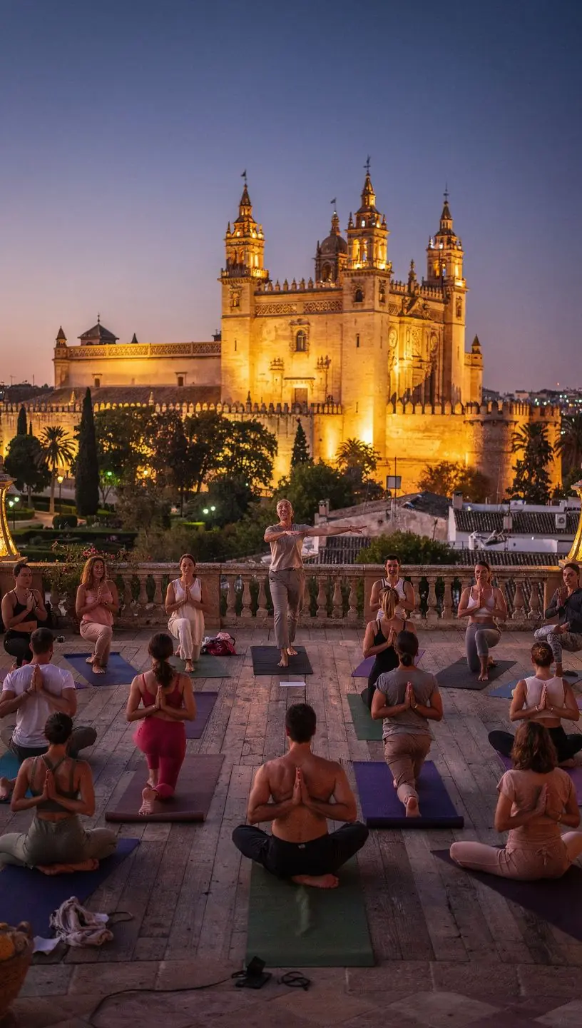 Un grupo de personas en una ceremonia de yoga, practicando movimientos fluidos mientras se enfocan en sus intenciones.