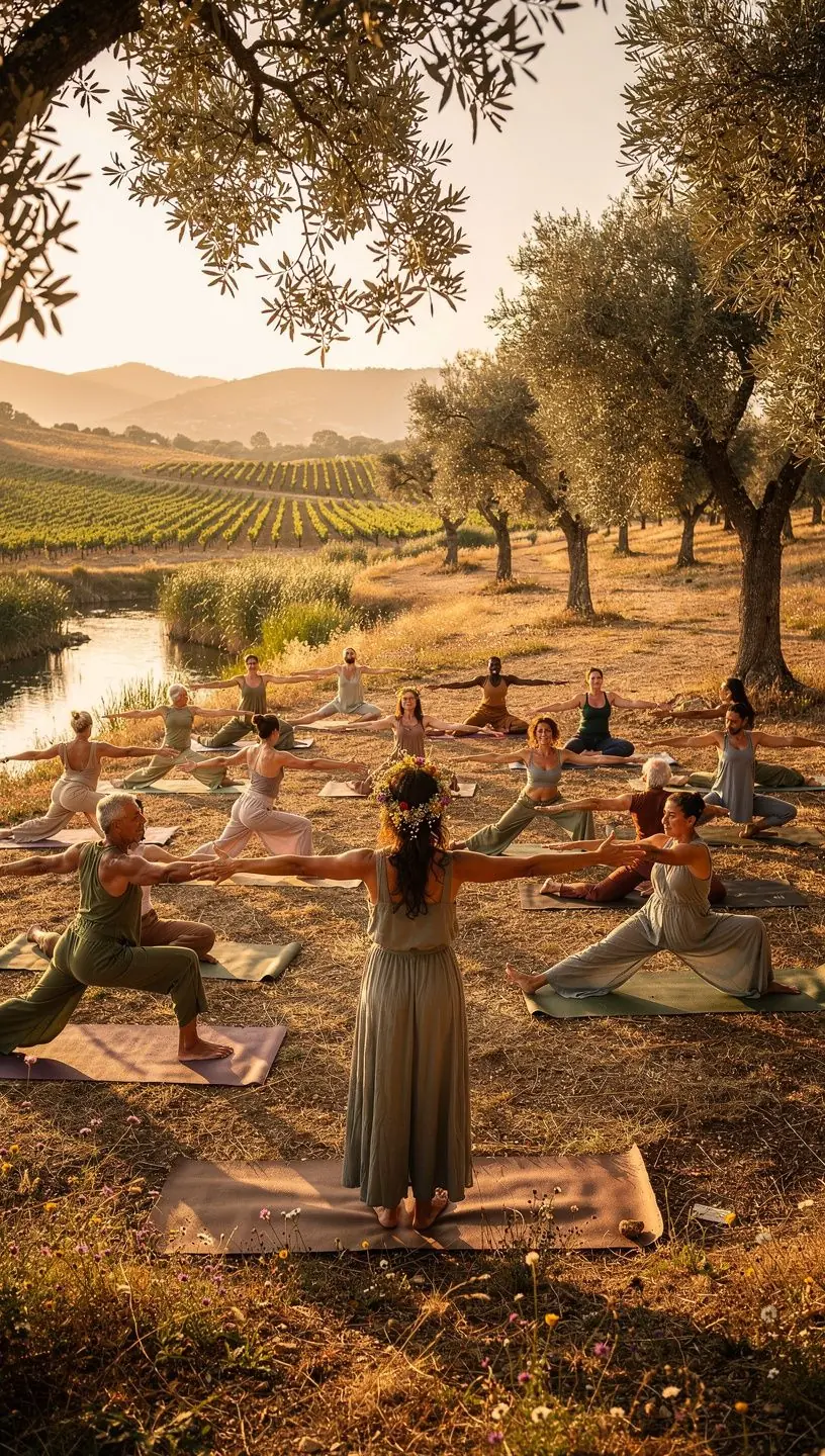 Un instructor de yoga guiando a los asistentes en una práctica ceremonial, transmitiendo energía positiva y armonía.
