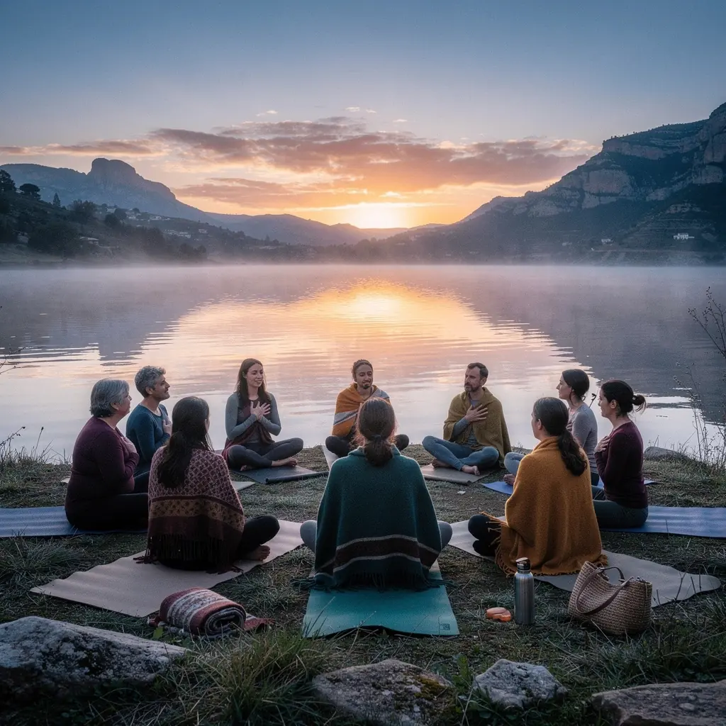 Un grupo de personas en una ceremonia de yoga, practicando movimientos fluidos mientras se enfocan en sus intenciones.