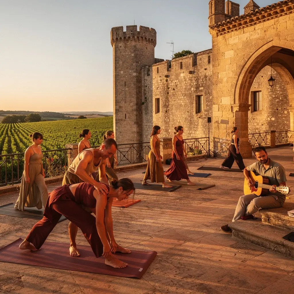 Un grupo de personas en una ceremonia de yoga, practicando movimientos fluidos mientras se enfocan en sus intenciones.
