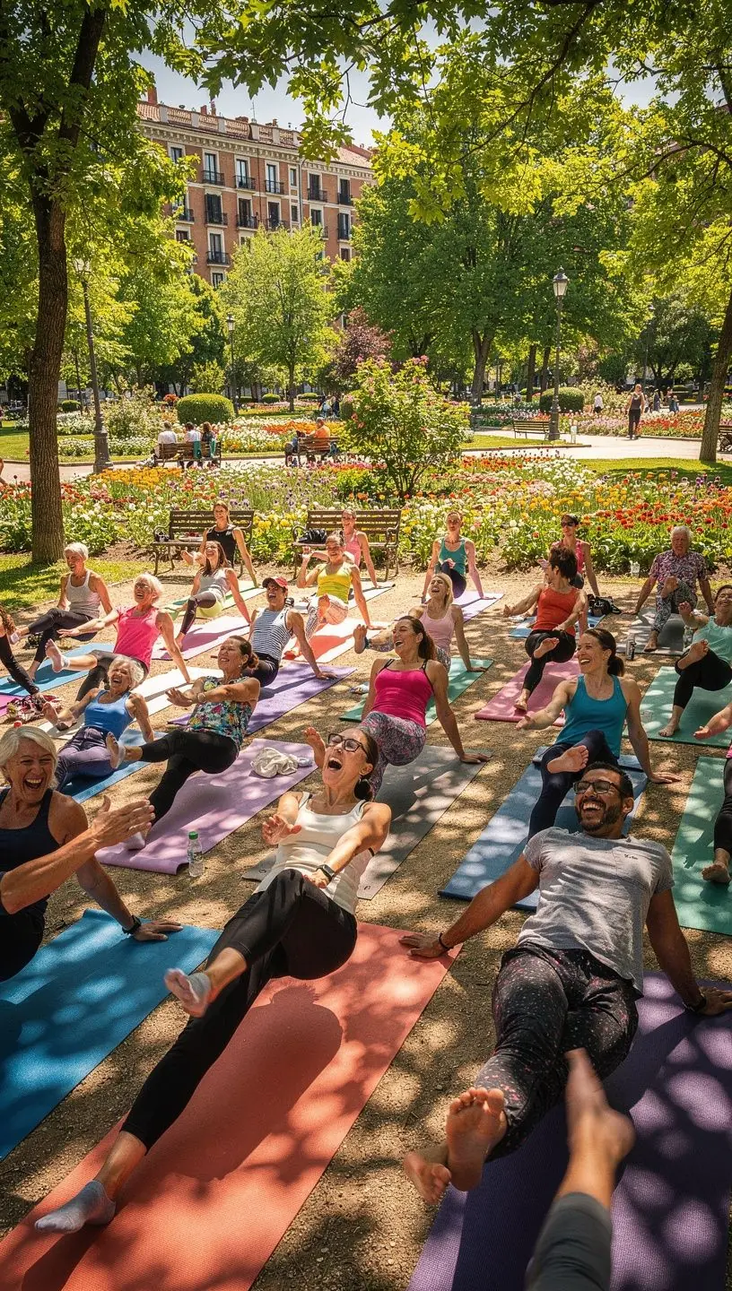 Un grupo de personas en una ceremonia de yoga, practicando movimientos fluidos mientras se enfocan en sus intenciones.