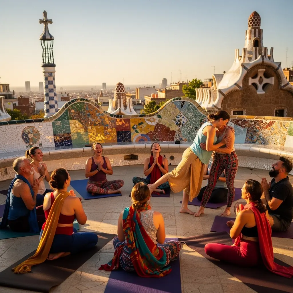 Un grupo de personas en una ceremonia de yoga, practicando movimientos fluidos mientras se enfocan en sus intenciones.