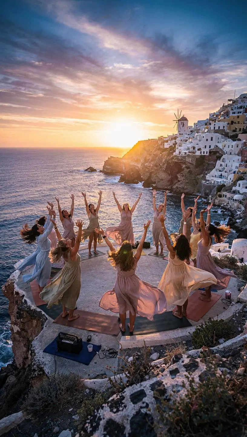 Un grupo de personas en una ceremonia de yoga, practicando movimientos fluidos mientras se enfocan en sus intenciones.