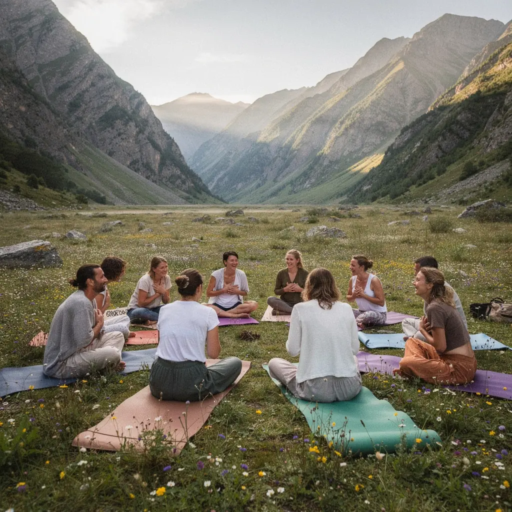 Una mujer en una postura de yoga al amanecer, rodeada de naturaleza, simbolizando la conexión sagrada con el entorno.